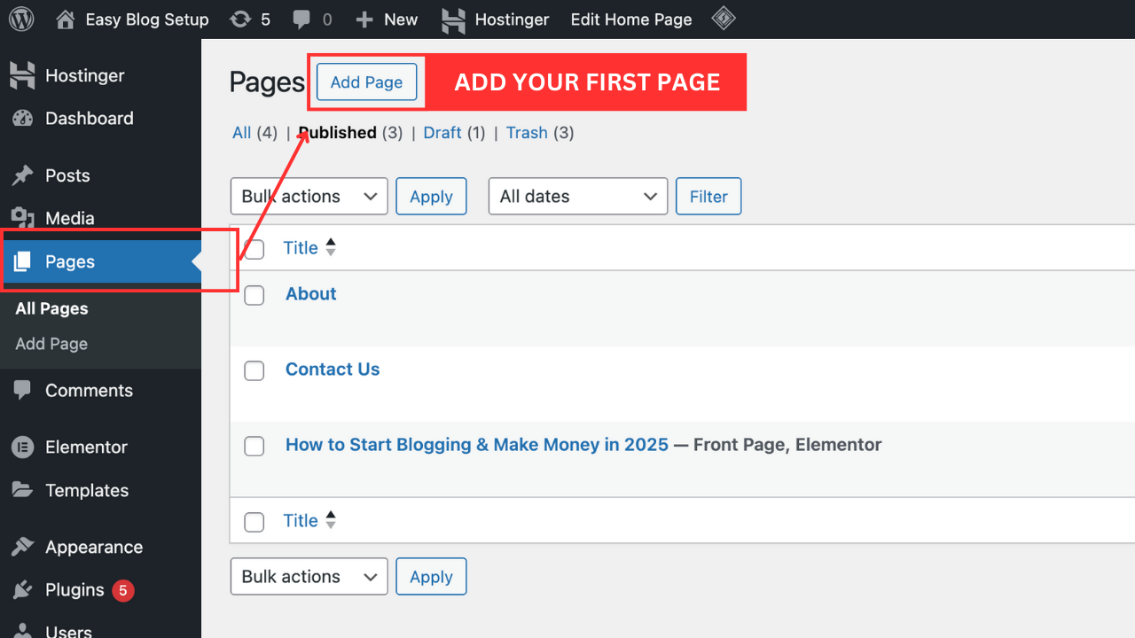add new page wordpress hostinger